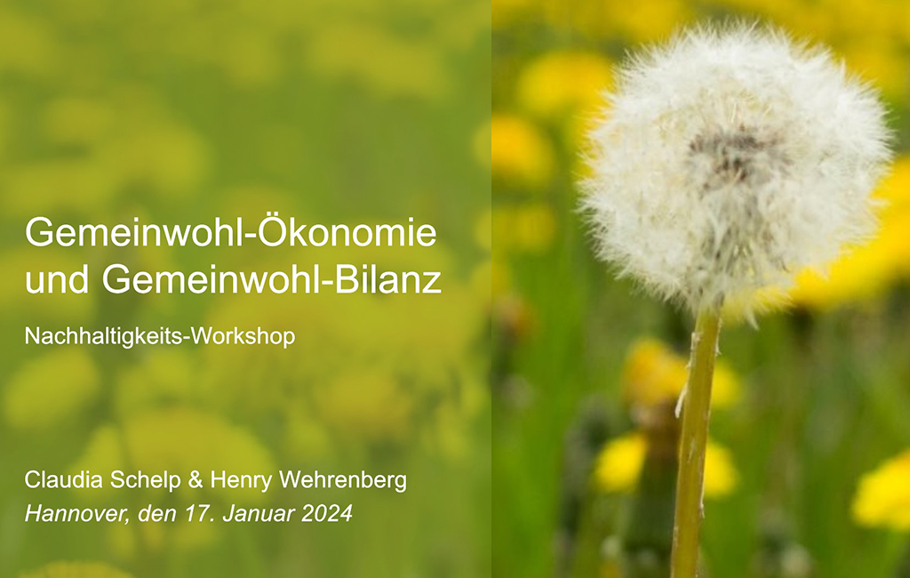 Poster der Veranstaltung. Es ist eine Löwenzahn-Pflanze mit vielen Sämchen auf einer grünen Wiese zu sehen. Davor der Text: Gemeinwohl-Ökonomie und Gemeinwohl-Bilanz - Nachhaltigkeits-Workshop. Dazu die Namen der Referent:innen und folgender Text: Hannover, den 17. Januar 2024