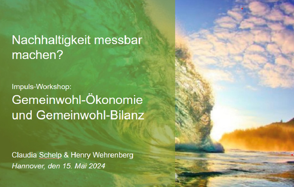 Poster der Veranstaltung "Nachhaltigkeit für Unternehmen messen? Impulsvortrag zum GWÖ Matrix-System". Bei blauem Himmel ist eine große Welle zu sehen, die von links in das Bild schwappt.